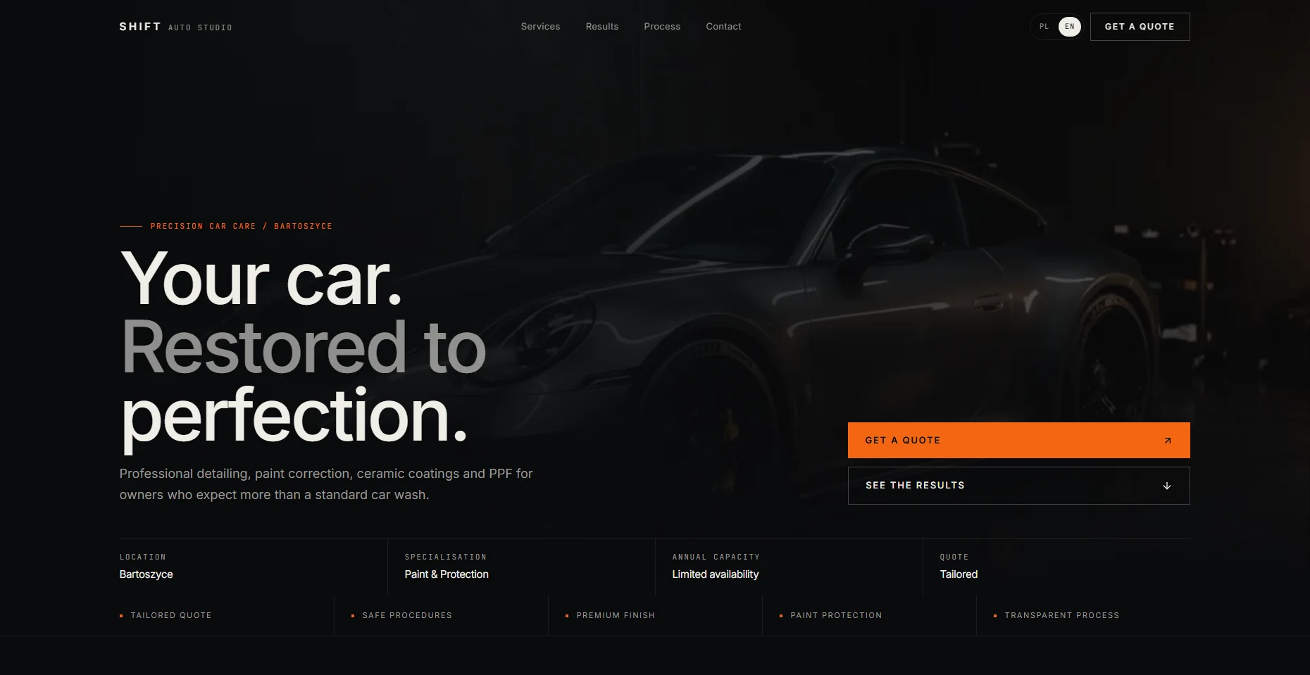 Current SHIFT Auto Studio website — English version